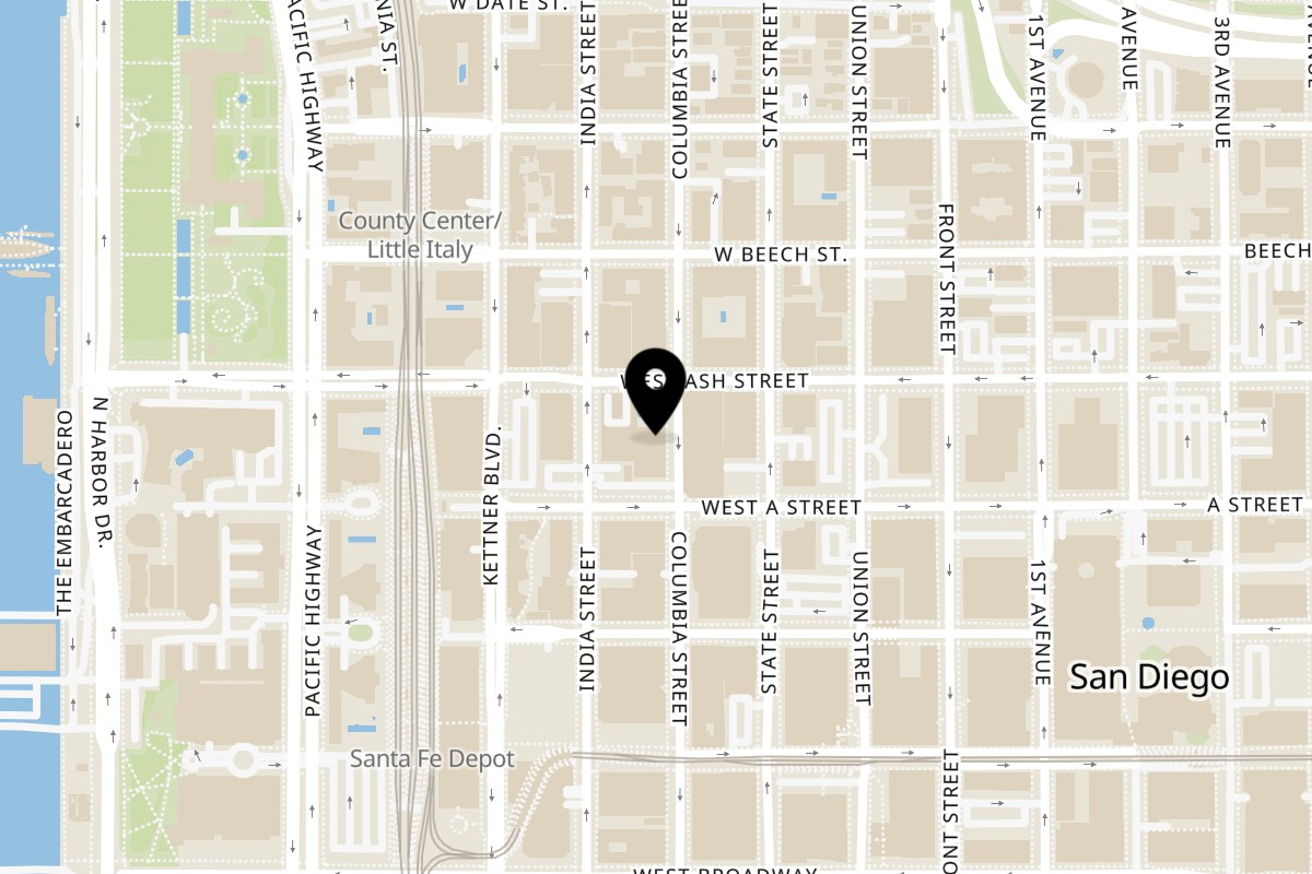 Map showing the location of Big Oven Tacos on 1350 Columbia St in San Diego